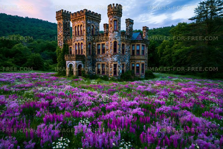 Historic castle surrounded by colorful wildflowers in daylight