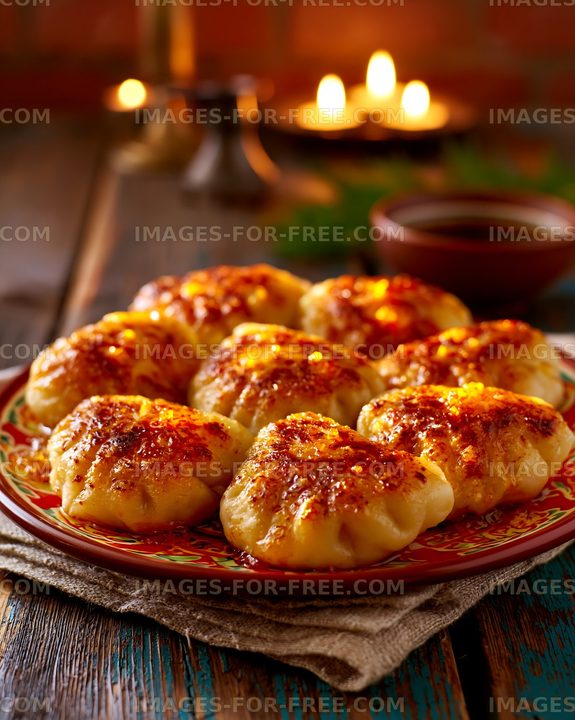 Golden dumplings served on a decorative plate in warm lighting