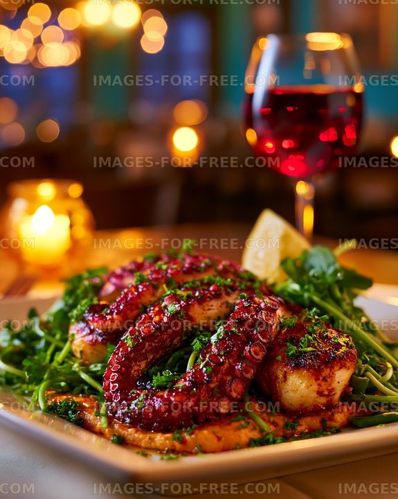 Grilled octopus with vegetables and red wine in a restaurant setting