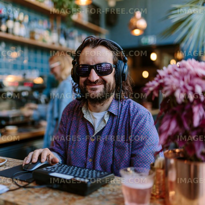 Man working at a cafe with headphones and sunglasses in the afternoon