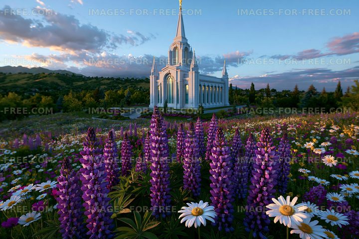 Flowers surround a white temple under a blue sky at sunset