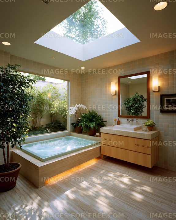Modern bathroom with natural light and indoor plants