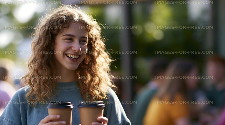 Young woman holding two coffee cups outdoors