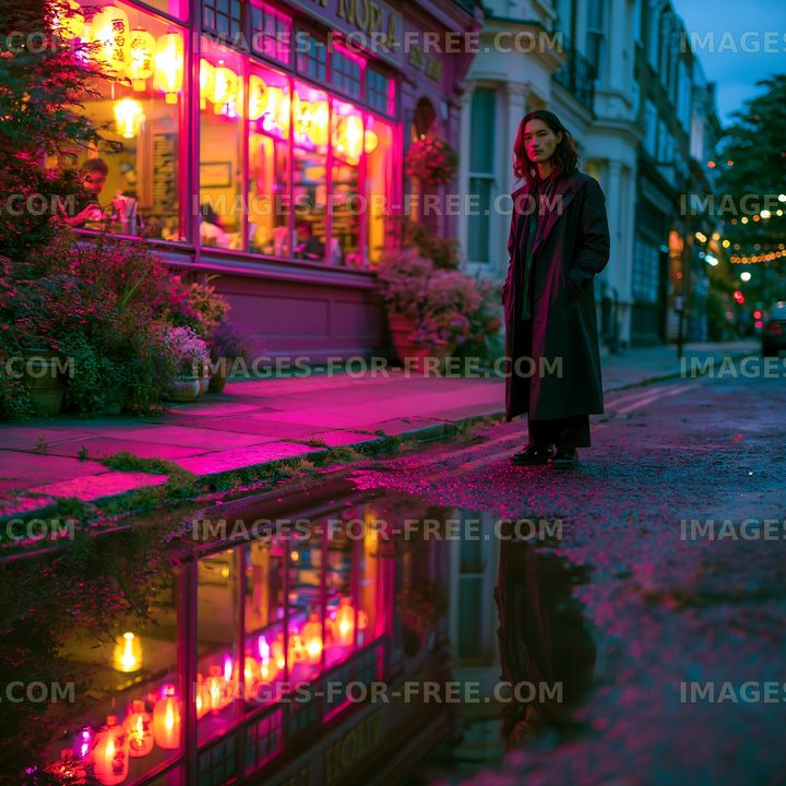 Woman standing on street near colorful cafe at night