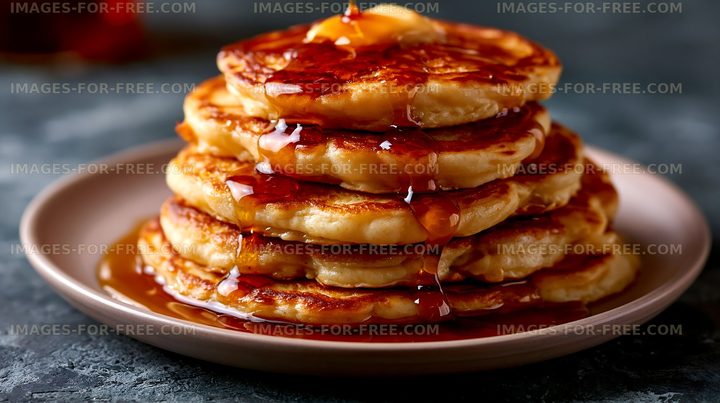 Delicious stack of pancakes drizzled with syrup on a plate