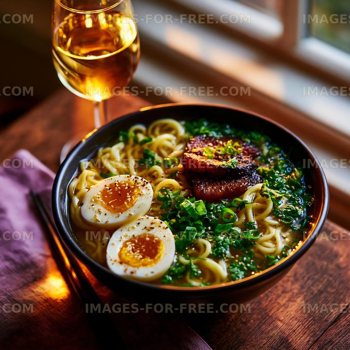 Noodle bowl with egg and pork beside a glass of wine