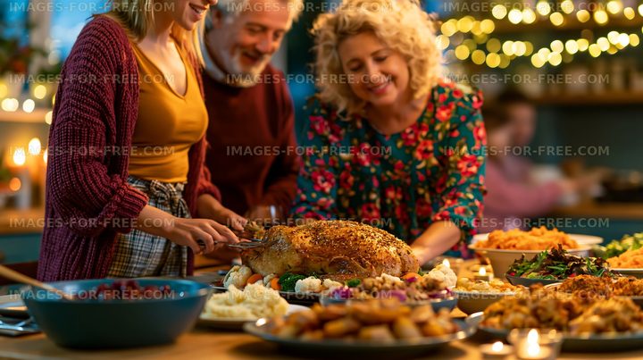 Gathering around a dinner table with food during a celebration