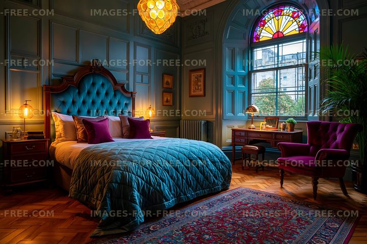 Cozy bedroom with vintage decor and large window