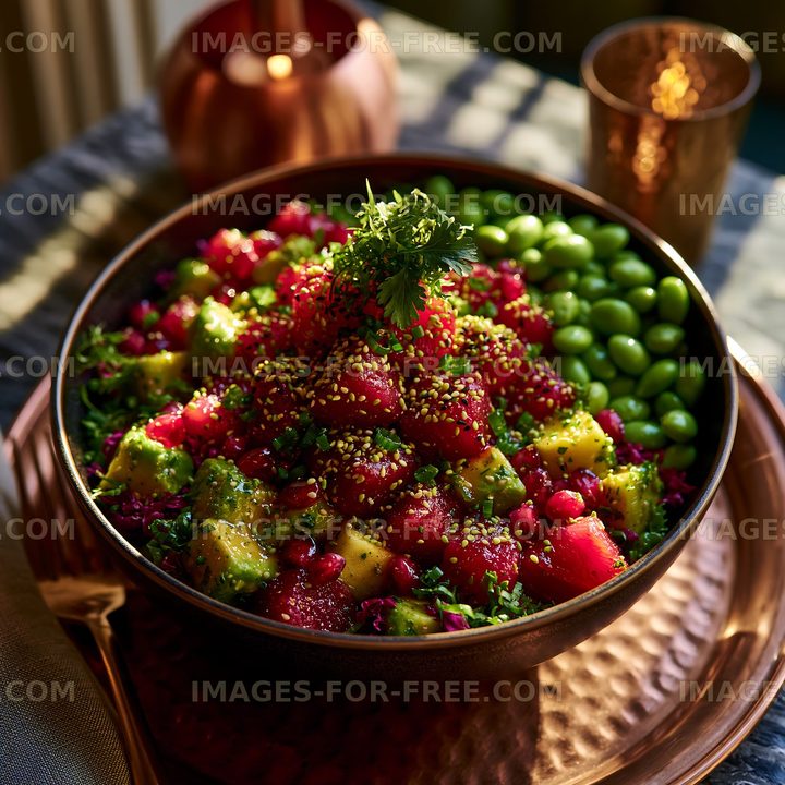 Salad with watermelon, avocado, and green beans in a bowl