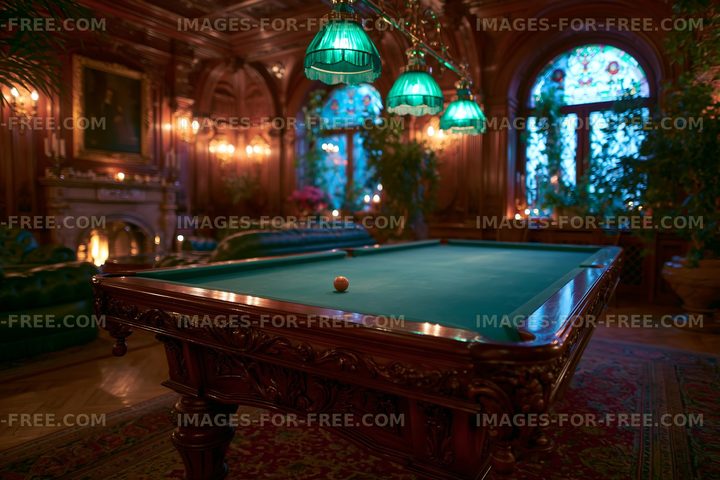 Classic billiard room with green felt table and vintage decor