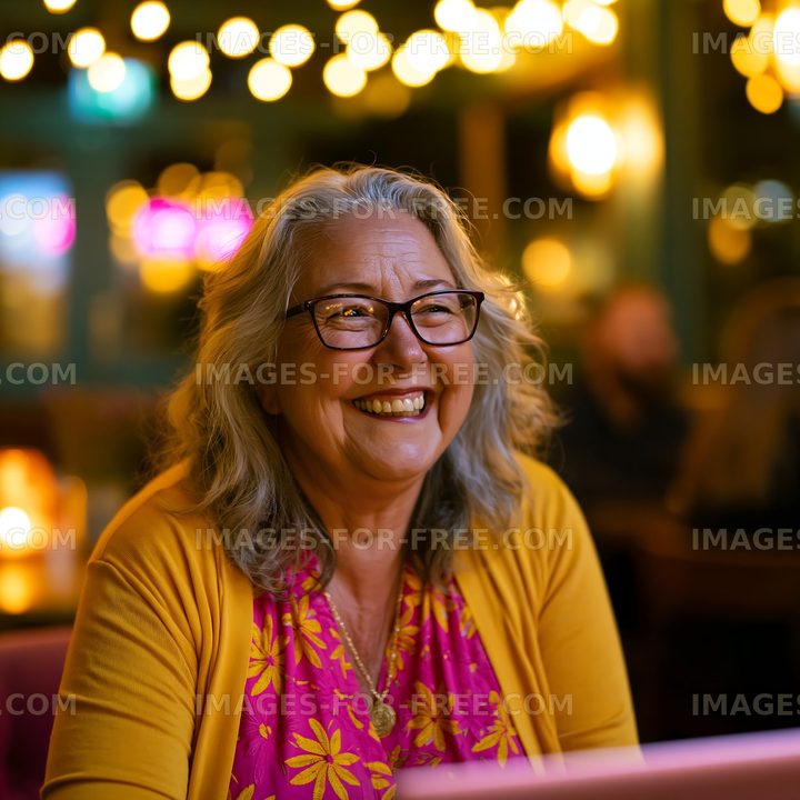 Smiling woman with glasses sitting in a cafe with warm lights