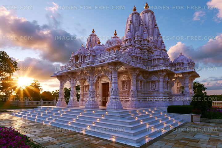 Sunset view of intricate temple architecture with stone stairs