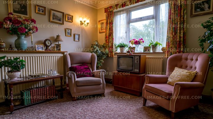 Cozy sitting area with vintage furniture and decor