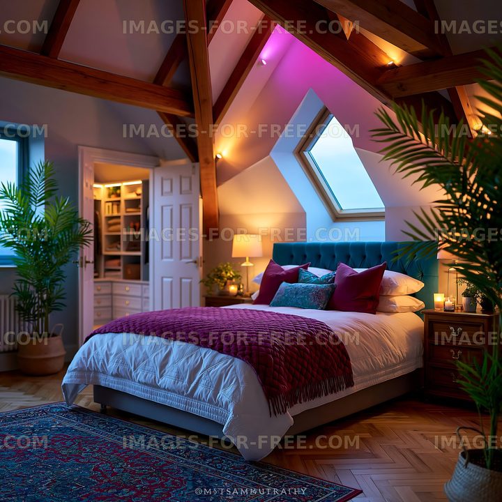 Cozy bedroom with wooden beams and plants in a bright space