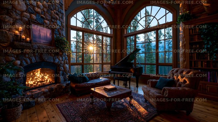 Cozy living room with a fireplace and large windows at sunset