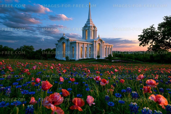 White building surrounded by colorful flowers at sunset