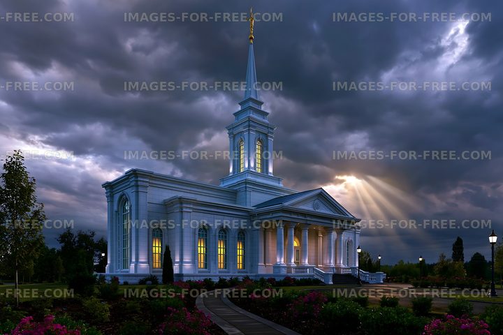 Church building under dramatic sky with clouds at sunset