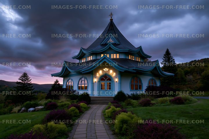 Blue building in a lush landscape under a cloudy sky
