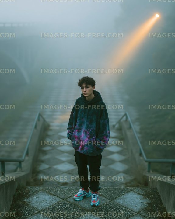 Young person standing on stairs in foggy area