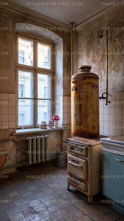 Old kitchen with a large stove and window showing faded walls
