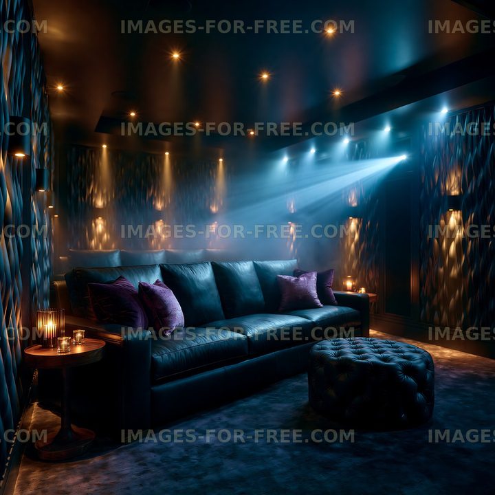 Cozy home theater with dark lighting and comfortable seating