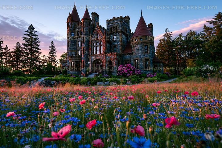 Historic castle surrounded by flowers at sunset