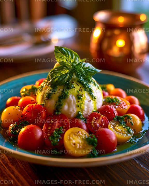 Fresh burrata cheese with cherry tomatoes and basil on a plate