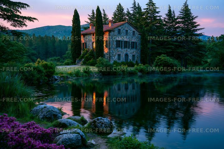 Stone house by the lake surrounded by trees at twilight