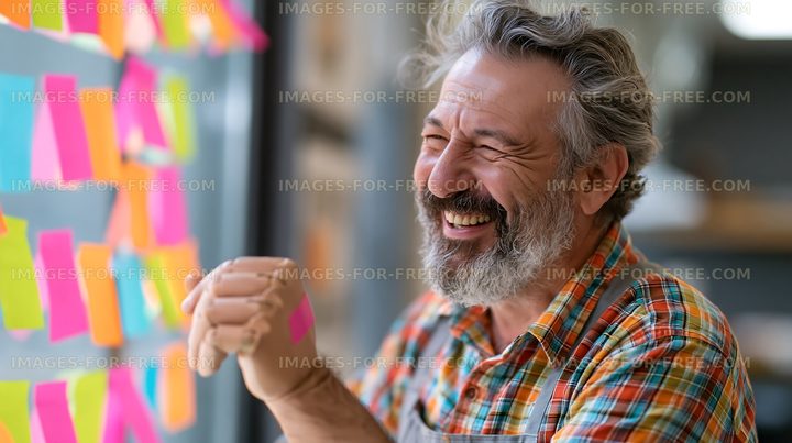 Man smiling while working with sticky notes in an office