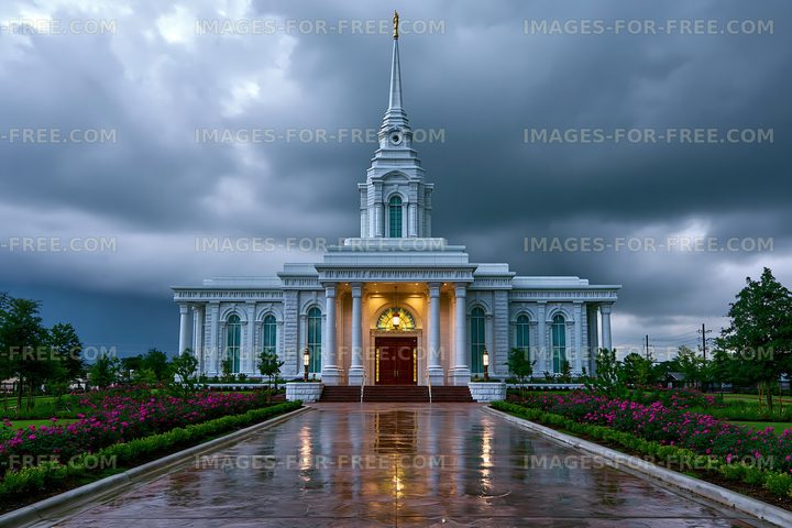 Historic building under cloudy sky after rain