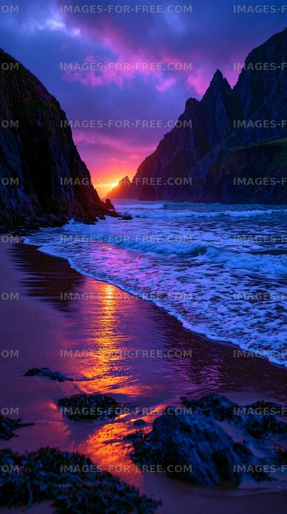 Sunset over the ocean at the rocky beach