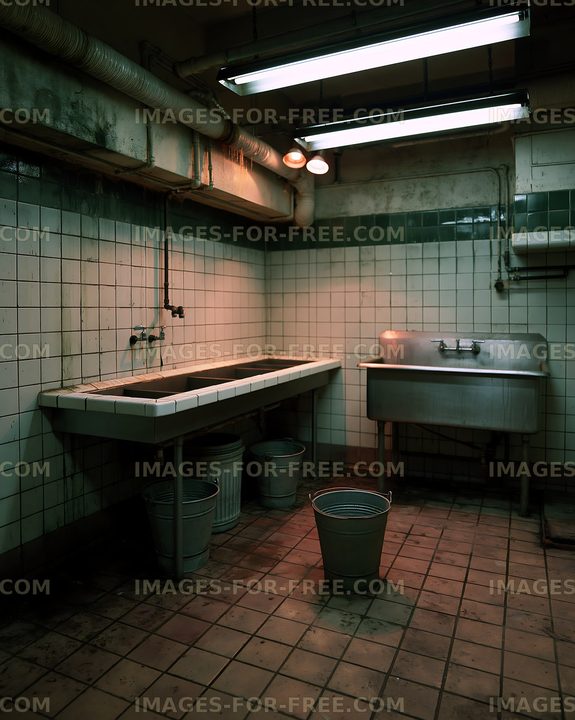 Commercial kitchen with old sink and buckets at night