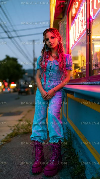 Young woman in blue outfit poses outside a vibrant food vendor