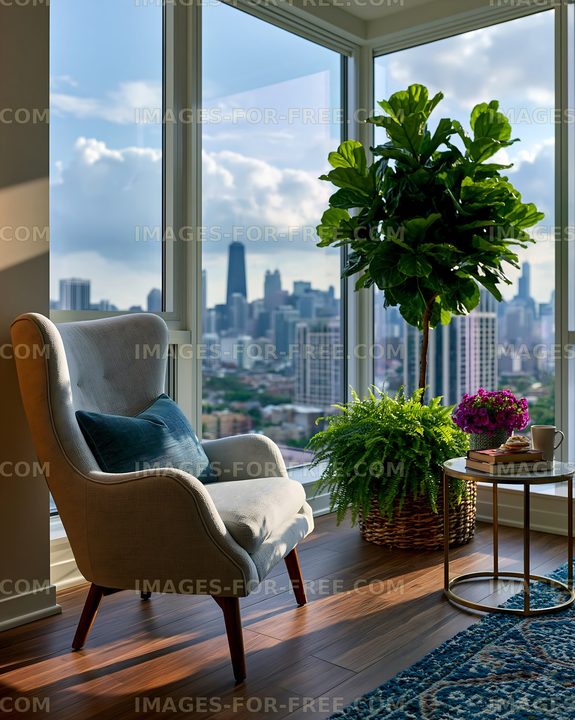 Cozy corner with chair and plants overlooking city skyline