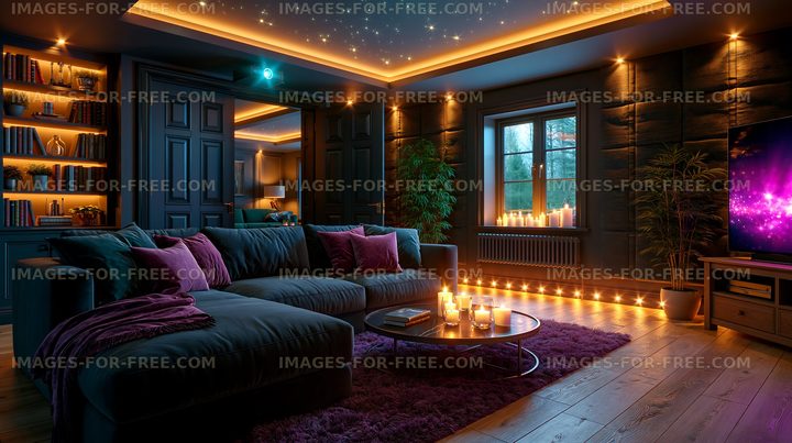 Cozy living room with modern decor and ambient lighting