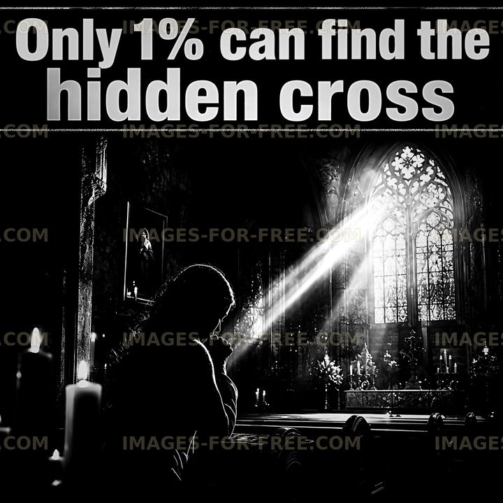 Hidden cross in dimly lit church scene