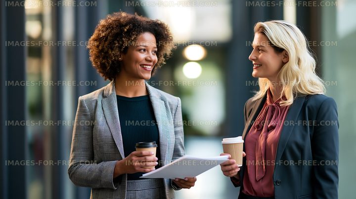 Two women talking in a business setting at an office
