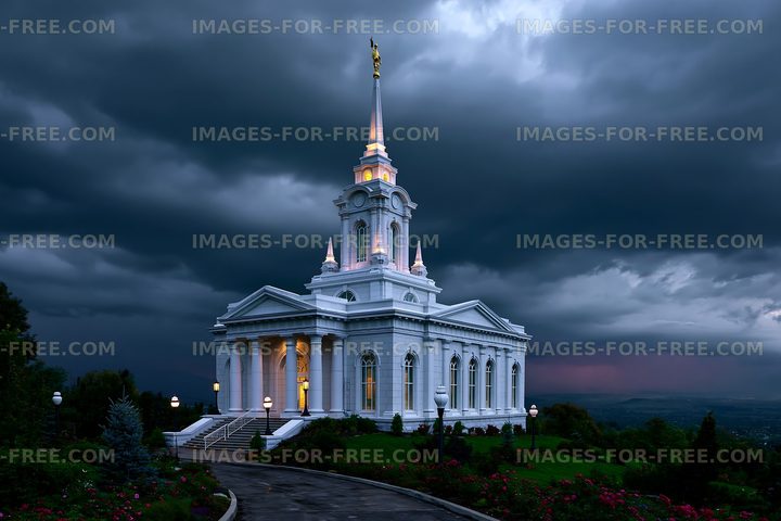 Church stands against a stormy sky at dusk