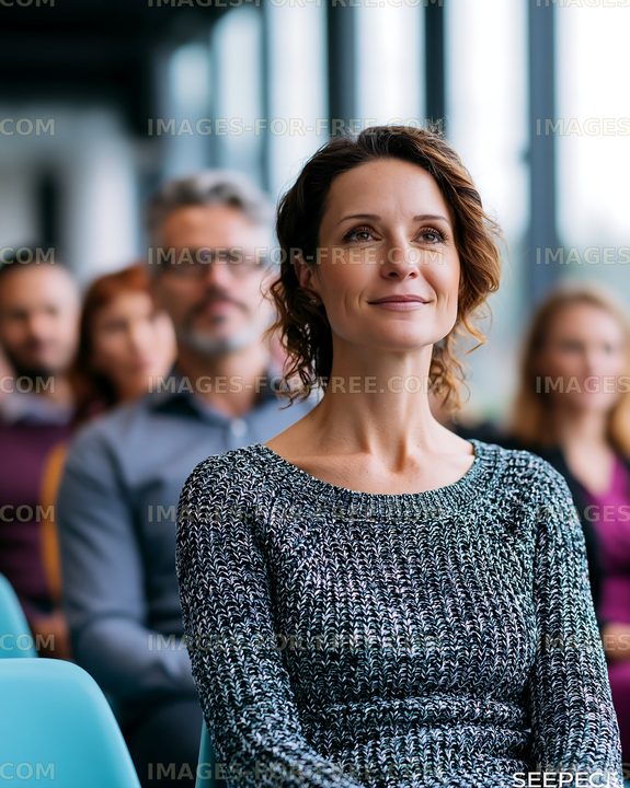 Audience member listening at a conference in a large room