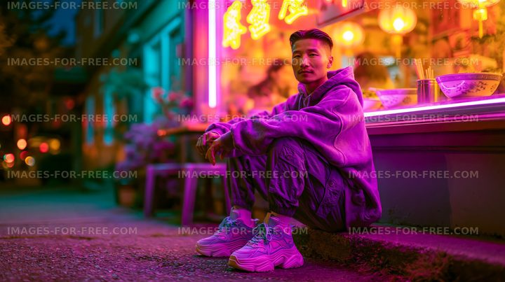 Person sitting on sidewalk near restaurant at night