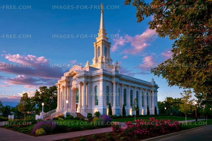 Sunset view of a large church building with a tall spire