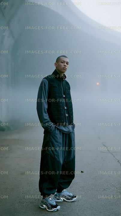 Man standing in foggy area wearing casual streetwear