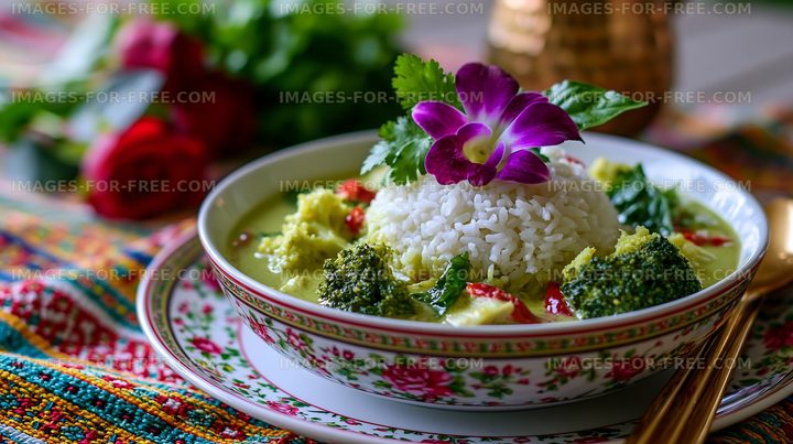 Delicious green curry with rice and fresh herbs on a table