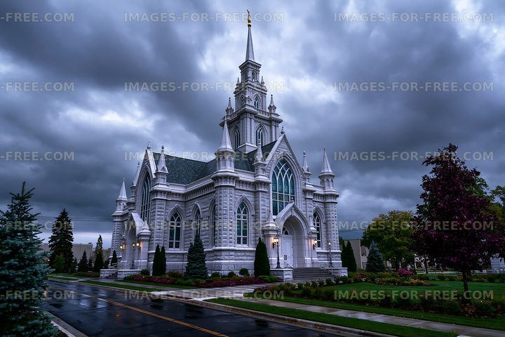 Cloudy sky over a large church building with detailed architecture