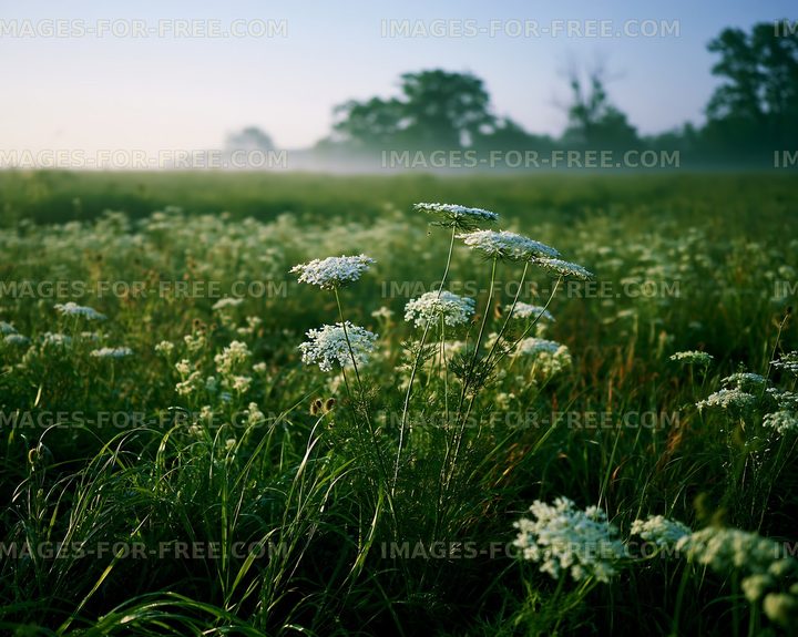Morning fog over wildflowers in a grassy field