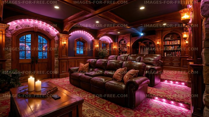 Cozy home theater with leather seating and warm lighting