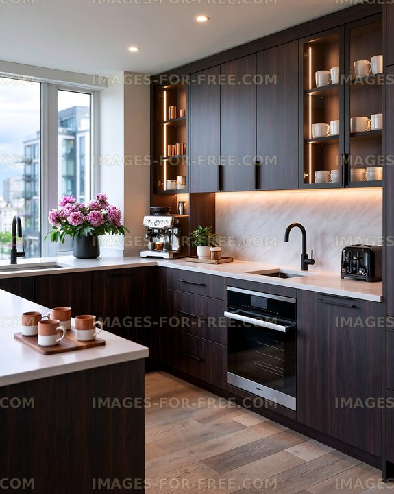 Modern kitchen with dark wood cabinets and bright lighting
