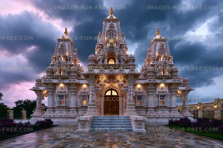 Hindu temple with intricate design during twilight hours