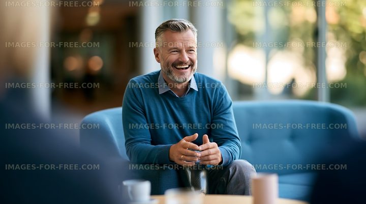 Man laughs during discussion in a modern office setting