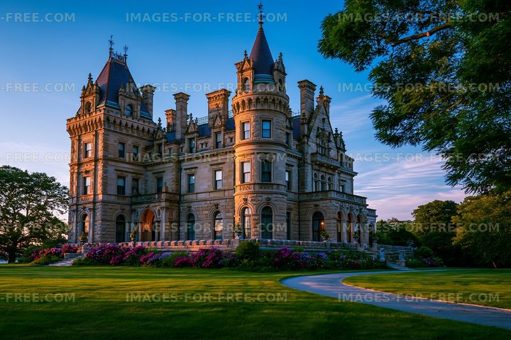 Historic mansion surrounded by greenery and flowers at sunset